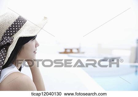A woman in white dress wearing a beach hat View Large Photo Image Stock Image - A woman in white dress wearing a beach hat. Fotosearch