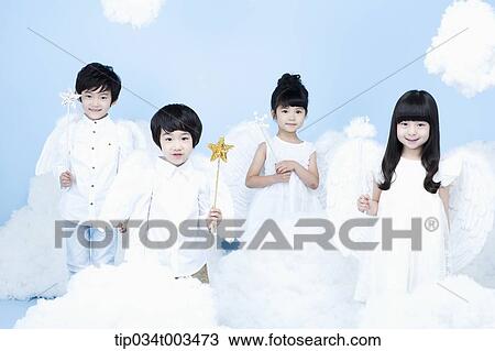 four kids with looks of angels on the clouds View Large Photo Image Stock Image - four kids with looks of angels on the clouds. Fotosearch