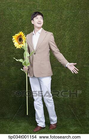 Picture - man holding a sunflower . Fotosearch