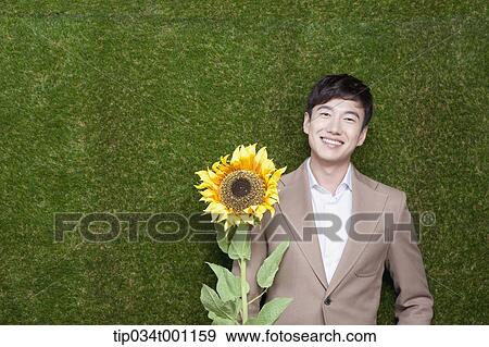 Stock Photo - man holding a sunflower . Fotosearch
