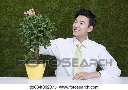 Stock Photography - man touching leaves on the tree in the pot. Fotosearch