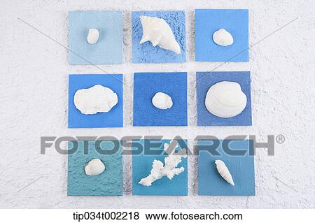 Stock Photo - shells blue square tiles . Fotosearch
