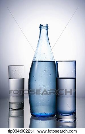 Stock Image - water in the bottle and glasses. Fotosearch