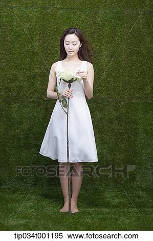 Stock Photography - woman holding flower in her bare feet. Fotosearch