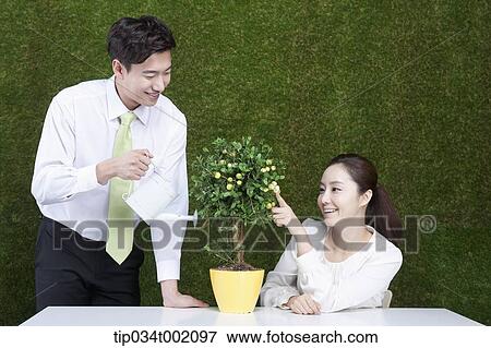 woman looking up the man watering the tree in the pot View Large Photo Image Stock Photo - woman looking up the man watering the tree in the pot. Fotosearch