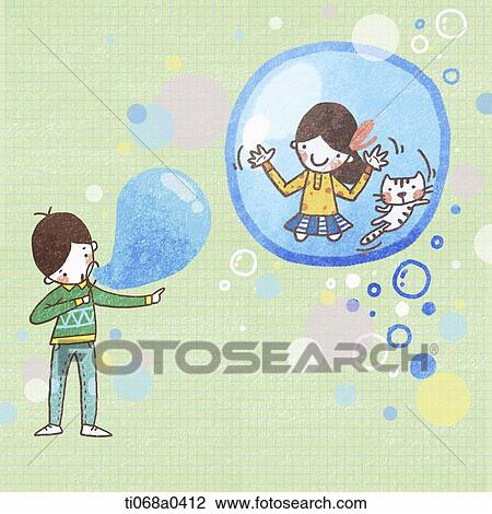 A boy blowing the bubble and a girl and cat in it View Large Photo Image Stock Image - A boy blowing the bubble and a girl and cat in it . Fotosearch