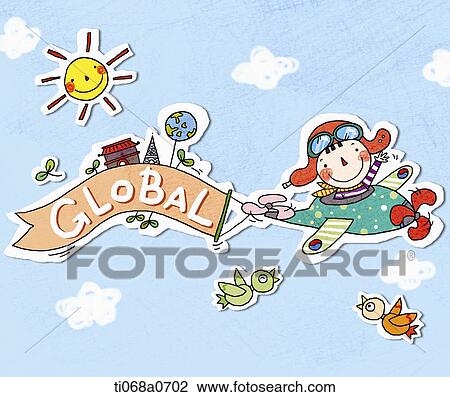A boy riding on the plane with 'global' flag View Large Photo Image Stock Image - A boy riding on the plane with 'global' flag. Fotosearch