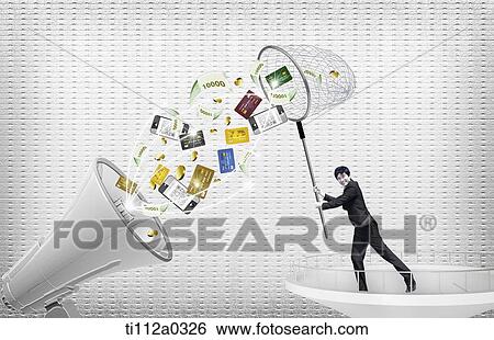 Stock Photograph - A businessman catching the money with the net. Fotosearch