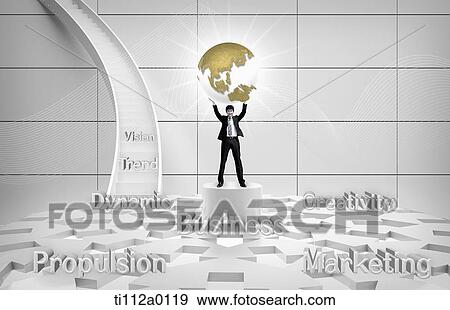 A businessman holding up the globe around the corporate philosophy View Large Photo Image Stock Photo - A businessman holding up the globe around the corporate philosophy. Fotosearch