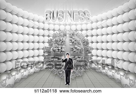 Stock Photo - A businessman standing with business structure and silver globe. Fotosearch