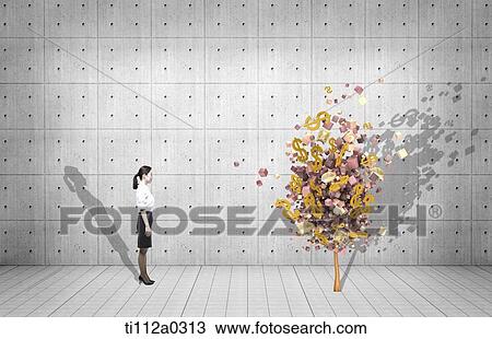 Stock Image - A businesswoman looking at the dollar tree. Fotosearch