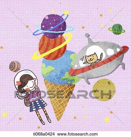 Picture - A girl and cat in the space with ice cream planet . Fotosearch