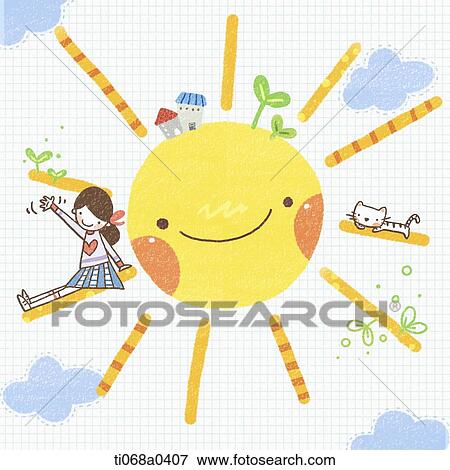 A girl and cat sitting on the sun View Large Photo Image Stock Photo - A girl and cat sitting on the sun . Fotosearch