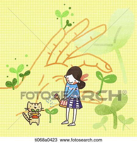 A girl and cat watering the green sprout View Large Photo Image Stock Image - A girl and cat watering the green sprout . Fotosearch