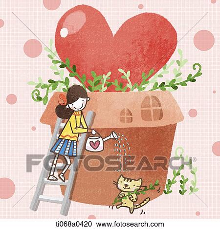 A girl and cat watering the heart plant View Large Photo Image Stock Image - A girl and cat watering the heart plant . Fotosearch