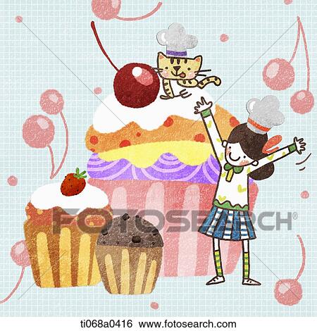 A girl and cat with delicious cupcake View Large Photo Image Stock Photograph - A girl and cat with delicious cupcake. Fotosearch