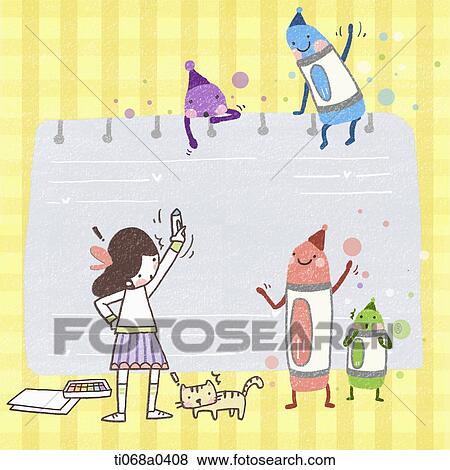 A girl and crayon drawing on the sketchbook View Large Photo Image Stock Photo - A girl and crayon drawing on the sketchbook. Fotosearch