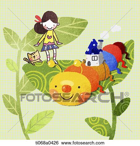 A girl, cat, and colorful caterpillar on the plant View Large Photo Image Stock Photograph - A girl, cat, and colorful caterpillar on the plant . Fotosearch