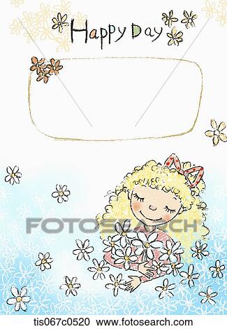 Stock Image - A girl holding white flowers with Happy day memo . Fotosearch