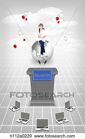 A girl sitting on the globe with educational platform View Large Photo Image Stock Photo - A girl sitting on the globe with educational platform . Fotosearch