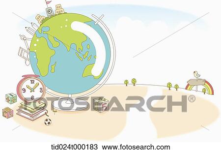 Stock Image - A globe and clock on the books. Fotosearch