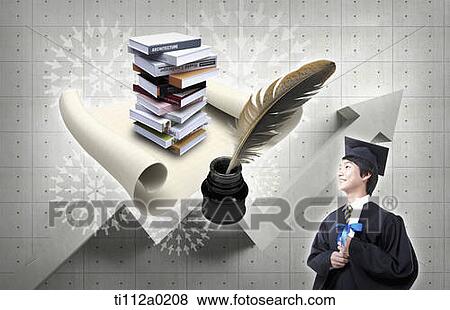 A graduating student, piled books, and a pen View Large Photo Image Stock Photo - A graduating student, piled books, and a pen . Fotosearch