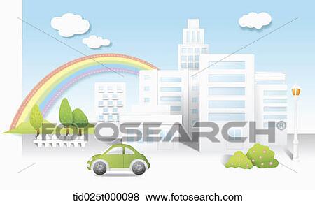 Stock Photo - A green car in the downtown. Fotosearch
