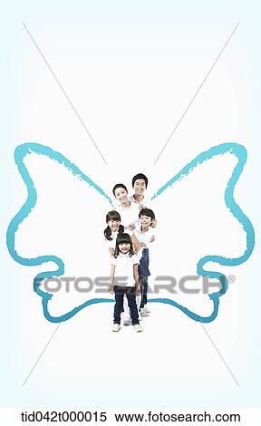 A happy family with blue butterfly wings View Large Photo Image Stock Photography - A happy family with blue butterfly wings. Fotosearch