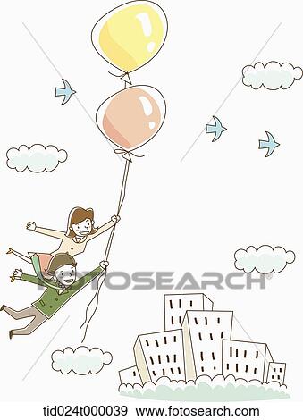 Stock Photo - A man and woman flying with balloons around the buildings. Fotosearch