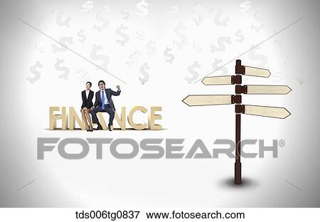 A man and woman sitting on finance block with signs View Large Photo Image Stock Photo - A man and woman sitting on finance block with signs. Fotosearch