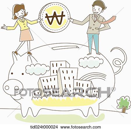 Picture - A man and woman standing on piggy bank and buildings. Fotosearch