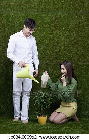 Stock Image - A man and woman watering the tree. Fotosearch