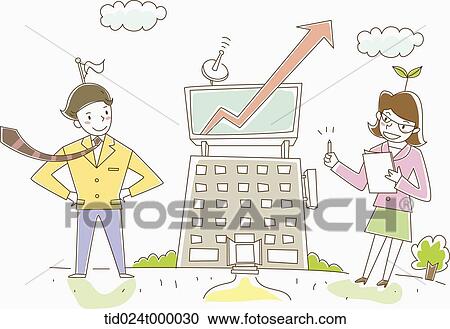 Stock Image - A man and woman with rising chart on the building . Fotosearch