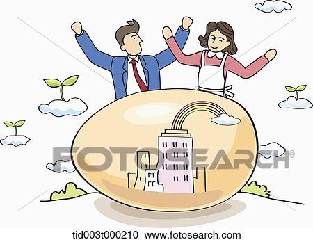 Stock Image - A man and woman with the egg of green building. Fotosearch