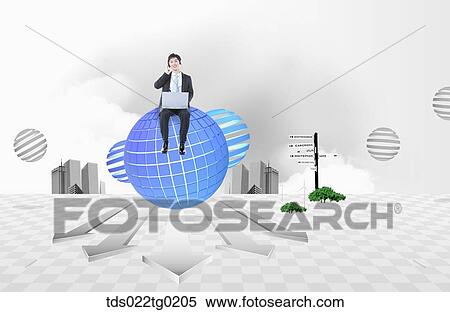 A man having the laptop on the globe View Large Photo Image Stock Photography - A man having the laptop on the globe. Fotosearch