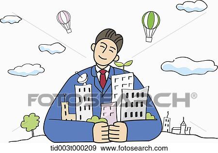 A man holding green buildings View Large Photo Image Stock Photo - A man holding green buildings . Fotosearch