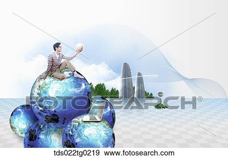 Stock Photo - A man looking at the globe on the blue globes. Fotosearch