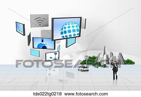 Stock Photo - A man looking up the blue screen monitors. Fotosearch