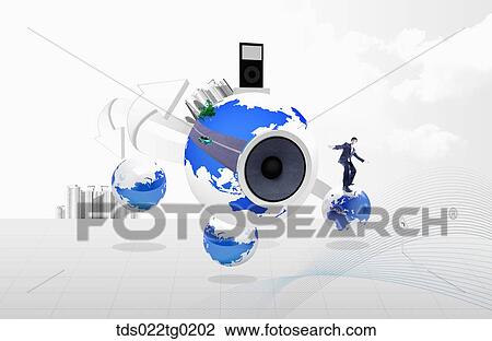 Stock Image - A man on the globe with MP3 player and speaker. Fotosearch