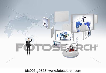 A man with screens of images View Large Photo Image Stock Photo - A man with screens of images. Fotosearch