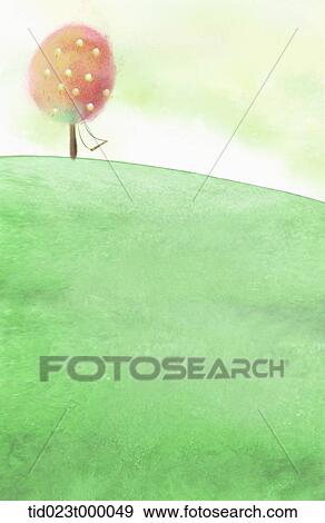 Stock Photo - A red tree on the green hill. Fotosearch