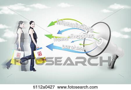 Stock Photo - A shopping woman and a loudspeaker encouraging the shopping. Fotosearch