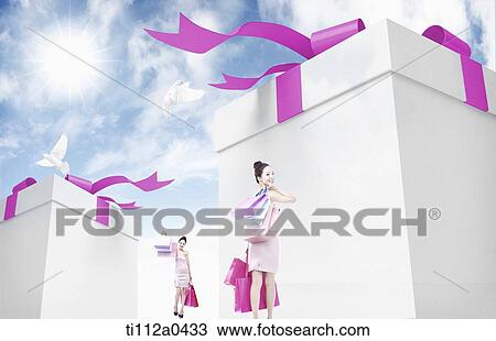 A shopping woman and pink gift boxes View Large Photo Image Stock Image - A shopping woman and pink gift boxes. Fotosearch