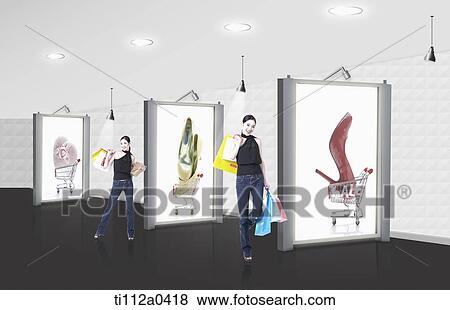 Stock Photo - A shopping woman and the monitor showing the items. Fotosearch