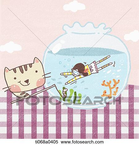 A swimming girl and a cat with rod View Large Photo Image Stock Photography - A swimming girl and a cat with rod. Fotosearch