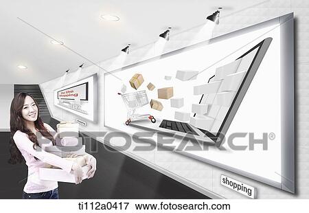 A woman and the monitor encouraging the shopping View Large Photo Image Stock Photo - A woman and the monitor encouraging the shopping . Fotosearch