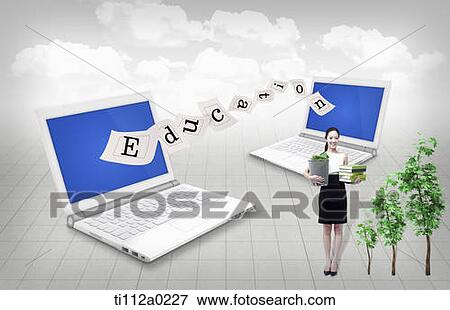 Stock Photo - A woman holding plant and books and the education laptop . Fotosearch