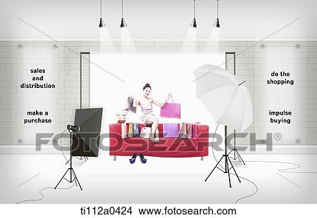 Picture - A woman holding shopping bags in the studio . Fotosearch