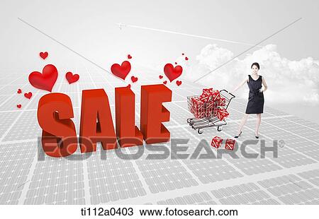 Stock Image - A woman holding the cart of discount blocks and the sale . Fotosearch