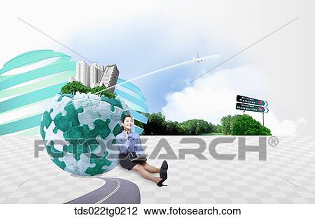 A woman leaning on puzzle globe View Large Photo Image Stock Image - A woman leaning on puzzle globe. Fotosearch